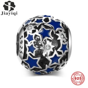 Jiayiqi 925 Sterling Silver Enamel Beads Blue Stars Charms Genuine Fit Charm DIY Bracelet Necklace For Women Jewelry Making Gift