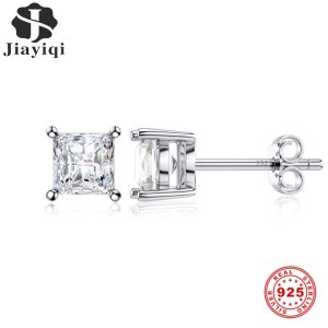 Jiayiqi 925 Sterling Silver Four-Post Square Crystal Zircon Silver Stud Earrings For Women Sterling Silver 925 Jewelry Gift