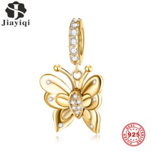 Jiayiqi 925 Sterling Silver Golden Butterfly Beads Charms Fit 925 Sterling Silver Women'S Bracelets DIY Silver 925 Jewelry