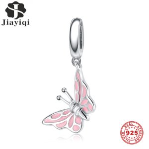 Jiayiqi A Pink Butterfly Charm Silver 925 Jewelry 925 Sterling Silver Beads Charms Fit Women'S Original Bracelets DIY Gift