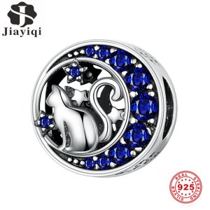 Jiayiqi Cute Moon Cat Charms 925 Sterling Silver Beads Sparkling CZ  Jewelry Fit For Bracelets Making Women Birthday Gift