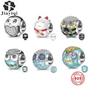 Jiayiqi Cute Owl Series 925 Sterling Silver Dripping Oil CZ Beads Fit Women Pandora Charms Silver 925 Original DIY Jewelry Gift