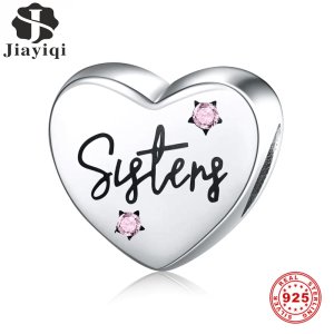 Jiayiqi Luxury 925 Silver Jewelry Sister Heart Shaped Inlay Pink Zircon 925 Sterling Silver Beads For Charms Women Bracelet DIY