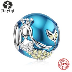 Jiayiqi Mermaid Charms 925 Sterling Silver Blue Dripping Oil CZ Beads Fit Women Pandora Charms Bracelets DIY Fine Jewelry