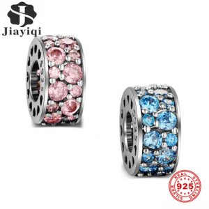 Jiayiqi New 925 Sterling Silver Beads Dazzling Pink Blue Zircon Charms Fit Bracelet For Women Engagement Luxury Jewelry Gift
