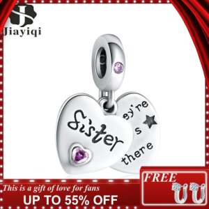 Jiayiqi Sister Friendship Heart-Shaped Charms 925 Sterling Silver CZ Beads Fit Women Pandora Charms Silver 925 Original Jewelry