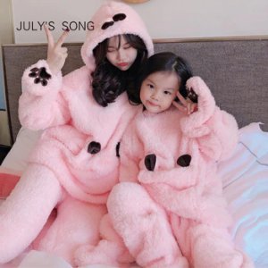 JULY'S SONG Flannel Cartoon Women Pajamas Set Autumn Winter Thick Warm Girl Coral Fleece Parent-child Sleepwear Homewear