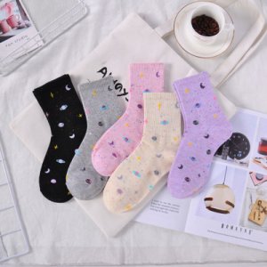 Ladies Socks Cotton Stars Moon Creative Fun Socks Universe Starry Sky Trend Harajuku Novelty Cute Middle Tube Women Cotton Socks