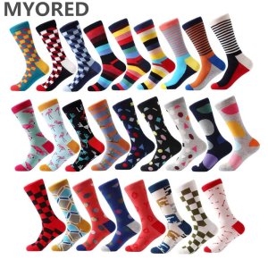 MYORED brand new men's socks colorful combed cotton crew socks Jacquard striped knee high socks for man business causal dress
