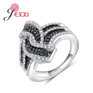 New Fashion Black White Cubic Zirconia Cross Jewelry 925 Sterling Silver Geometric Ring For Women Party Engagement Wholesale
