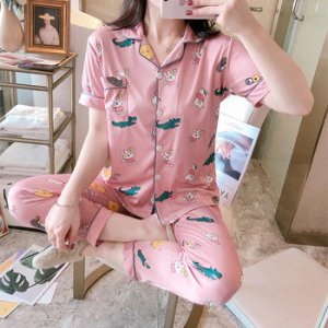 New Listing Women Home Wear 2020 Summer Short Sleeved Women Pajamas Set Long Pant Pyjamas Sets Cotton Leisure Sleepwear Set