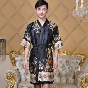 Novelty Black Male Silk Kimono Bath Robe Gown Chinese Men Rayon Nightwear Unisex V-Neck Sleepwear Pajama Pijamas