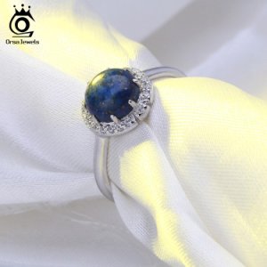 ORSA JEWELS Authentic 925 Sterling Silver Rings For Women Lapis Lazuli Pave Setting AAA Cubic Zircon Party Ring Jewelry SR55-L