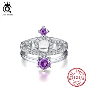 ORSA JEWELS Elegant Queen Crown Rings Genuine 925 Silver Elegant Purple Zircon Rings Valentine Wedding Anniversary Jewelry SR202