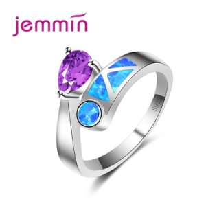 Purple Water Drop Blue Fire Opal Ring AAA CZ Crystal 925 Sterling Silver Jewelry Valentine's day Gift Rings for Women