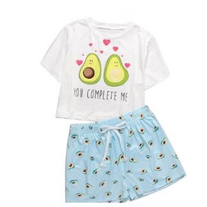 QWEEK Avocado Pajamas for Women Two Piece Set Pijamas Nina Verano Sleepwear Woman Summer Cotton Home Clothes 2020 Nightie