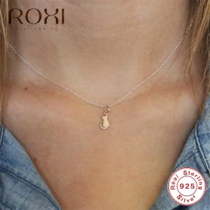 ROXI 100% 925 Sterling Silver Necklace Women Cute Cat Pendant Necklace Long Chain Statement Necklace Choker Wedding Jewelry Gift