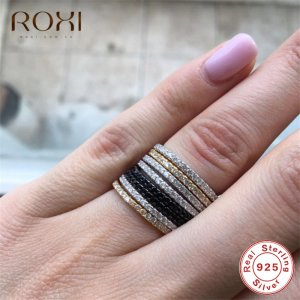 ROXI 925 Sterling Silver Ring Stackable Cubic Zirconia Thin Rings for Woman Shiny Micro Pave CZ Engagement Ring Wedding Jewelry