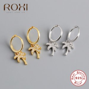 ROXI Fashion Women Coconut Palm Tree Earrings 925 Sterling Silver CZ Plant Pendant Stud Earrings Summer Holiday Hawaii Jewelry