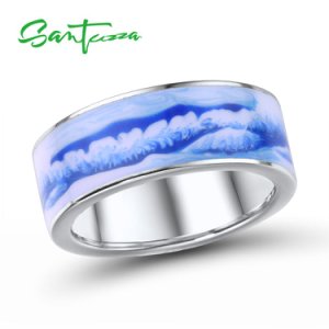 SANTUZZA Silver Rings For Women Genuine 925 Sterling Silver Blue Mountain And Sea Elegant Poetic Fine Jewelry Handmade Enamel