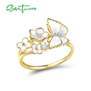 SANTUZZA Silver Rings For Women Genuine 925 Sterling Silver Delicate White Flower Butterfly Trendy Fine Jewelry Handmade Enamel