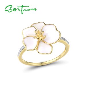 SANTUZZA Silver Rings For Women Genuine 925 Sterling Silver Delicate White Orchid Flower Trendy Fine Jewelry Handmade Enamel