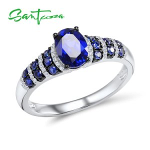 SANTUZZA Silver Rings For Women Pure 925 Sterling Silver Glamorous Blue Oval Glass Ring Wedding Accessories Fine Jewelry