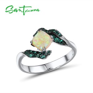 SANTUZZA Silver Rings For Women Pure 925 Sterling Silver Glamorous Created Emerald Opal Ring Elegant Trendy Fine Jewelry