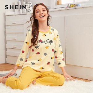 SHEIN Letter and Star Print PJ Set Women Nightwear Spring Long Sleeve Round Neck Casual Sleepwear Cute Long Pajama Sets
