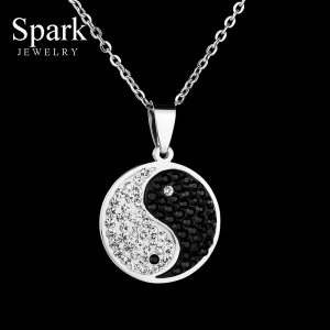 Stainless Steel Chinese Style Yin Yang Nekclace & Pendant For Women Rhinestone Round Black White Tai Chi Necklace Link Chain
