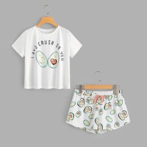 Summer Avocado Cartoon Pajama Set Print Short Sleeve T shirt and Shorts Sleeping Set 2019 Woman Casual Homewear Set