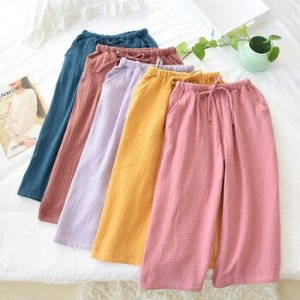 Summer new men and women 100% cotton crepe gauze pajamas multicolor large size loose home pants solid color crepe couple cropped