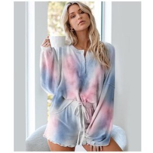 Tie-dye Pajamas Female Summer 2020 Most New Comfortable Breathable Long-sleeve Wood Ear Side Tracksuit Suit Two-piece Ladies