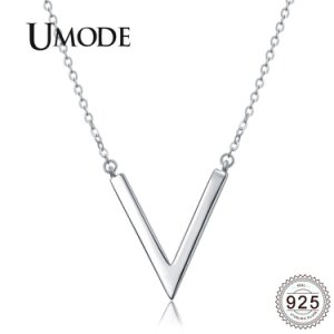 UMODE V Letter 925 Sterling Silver Chain Necklaces Pendant for Women Simple Korean Fashion Jewelry collares de moda ULN0204