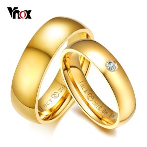Vnox Classic Wedding Rings for Women Men Gold Color Stainless Steel Couple Band Anniversary Personalized Name Lovers Gift