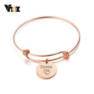 Vnox Coin Charm Expendable Bangle Bracelet Free Custom Engraving Name Love Stainless Steel Best Friendship Personalized Gift