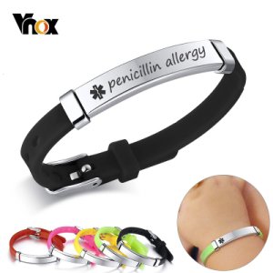 Vnox Custom Child Baby Medical Alert ID Bracelets Soft Silicone Stainless Steel Bangle Kids Babi Girl Boy Emergency Reminder