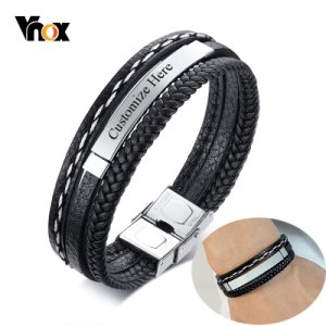 Vnox Custom Logo Name Quote Engrave Multi-layer Leather Bracelets for Men Stainless Steel ID Bangle Personalize Jewelry