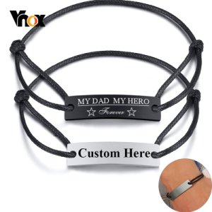 Vnox Customize 10mm Stainless Steel ID Bar Bracelet for Men Women Adjustable Rope Chain Personalize Gift for Dad