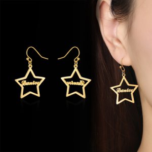 Vnox Customize Name in Star Hoop Earrings for Women Rose Gold Color Stainless Steel Personalized Punk Jewelry