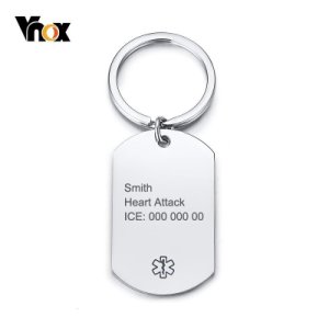 Vnox Free Custom Engraving Medical Alert ID Key Chain Stainless Steel ID Tag Accessory