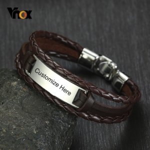 Vnox Free Custom ID Tag Triple Layers Leather Bracelets for Men Stainless Steel Bar Engrave Name Inspiration Pulseira