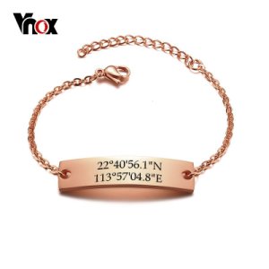 Vnox Free Customize Info Simple Coordinate ID Bracelets for Women Bangle Stainless Steel Tag Adjustable Female Wedding Jewelry