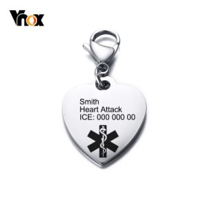 Vnox Free Engraving Heart Shape Medical Alert ID Key Chains for Men Women Emergency Reminder Jewelry