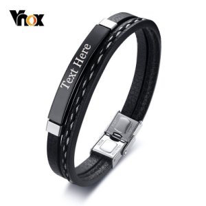 Vnox Free Engraving Leather Bracelet For Men Woman Hand Charm Jewelry Handmade Gift For Cool Boys Male 7.68 inch