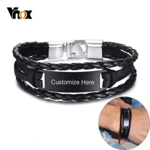 Vnox Free Engraving Name Bracelets For Men Braided Leather With Glossy Stainless Steel ID Bar Layered Male Wristband