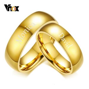 Vnox Free Engraving Name Personalized Wedding Rings for Women Men Gold Color Stainless Steel Engagement Bands for Couples
