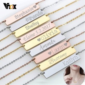 Vnox Free Engraving Personalized Bar Necklaces for Women Stainless Steel Horizontal ID Girl Choker Special Custom Birthday Gift