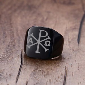 Vnox Free Laser 18mm Chunky Signet Ring for Men Chi Rho Alpha Symbol Stainless Steel Stamp Ring Punk Male Jewelry