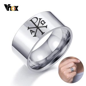 Vnox Free Personalize Engrave Chi Rho Alpha Symbol Ring for Men 10mm Stainless Steel Band Religious Christogram Christ Jewelry